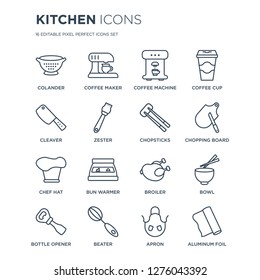 16 linear Kitchen icons such as colander, Coffee maker, beater, Bottle Opener, Bowl, aluminum foil, Cleaver modern with thin stroke, vector illustration, eps10, trendy line icon set.