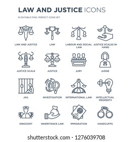 16 linear law and justice icons such as justice, Law, inheritance law, Innocent, Intellectual property modern with thin stroke, vector illustration, eps10, trendy line icon set.