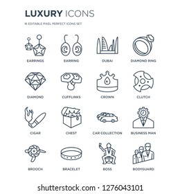 16 linear Luxury icons such as Earrings, Earring, Bracelet, Brooch, Business man, Bodyguard, Diamond, Cigar, Crown modern with thin stroke, vector illustration, eps10, trendy line icon set.