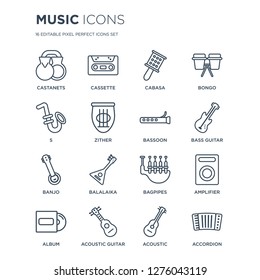 16 linear Music icons such as Castanets, Cassette, Acoustic Guitar, Album, Amplifier, Accordion, s, Banjo, Bassoon modern with thin stroke, vector illustration, eps10, trendy line icon set.