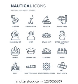 16 linear Nautical icons such as Flippers, Fishing Hook, Boat Telescope, Buoy, Buoys, Screw, Diving Helmet modern with thin stroke, vector illustration, eps10, trendy line icon set.