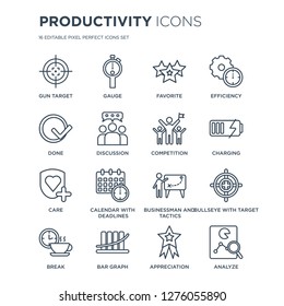 16 linear Productivity icons such as Gun target, Gauge, Bar Graph, Break, Bullseye with Analyze, Done modern thin stroke, vector illustration, eps10, trendy line icon set.