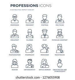 16 linear Professions icons such as Professor, President, Orthodontist, Painter, Pediatrician modern with thin stroke, vector illustration, eps10, trendy line icon set.