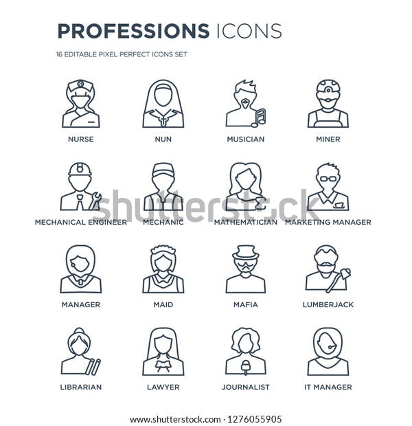 16 linear Professions icons such as Nurse, Nun,\
Lawyer, Librarian, Lumberjack, IT Manager, Mechanical Engineer\
modern with thin stroke, vector illustration, eps10, trendy line\
icon set.