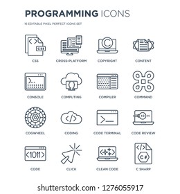 16 linear Programming icons such as Css, Cross-platform, Click, Code, Code review, C sharp, Console, Cogwheel, Compiler modern with thin stroke, vector illustration, eps10, trendy line icon set.