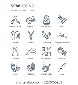 16 linear Sew icons such as crochet hook, Crochet, Bobbin, bobbin, Button, awl, Clothing, Clothes, Clothespin modern with thin stroke, vector illustration, eps10, trendy line icon set.