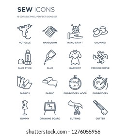 16 linear Sew icons such as Hot glue, handloom, Drawing board, Dummy, Embroidery, Cutter, Glue stick, Fabrics, garment modern with thin stroke, vector illustration, eps10, trendy line icon set.