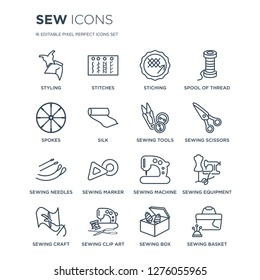 16 linear Sew icons such as styling, Stitches, sewing clip art, Craft, Equipment, Sewing basket, Spokes modern with thin stroke, vector illustration, eps10, trendy line icon set.