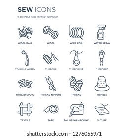 16 linear Sew icons such as Wool ball, Wool, Tape, textile, Thimble, suture, Tracing wheel, Thread spool, Threading modern with thin stroke, vector illustration, eps10, trendy line icon set.