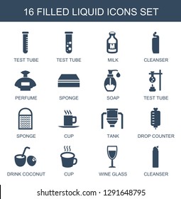16 liquid icons. Trendy liquid icons white background. Included filled icons such as test tube, milk, cleanser, perfume, sponge, soap, cup, tank. liquid icon for web and mobile.