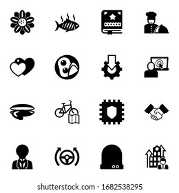 16 logo filled icons set isolated on white background. Icons set with Floral design, grilled fish, Scrapbooking, love, breakfast, Online tutorial, oyster, Bike rental map icons.