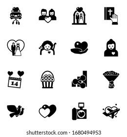 16 love filled icons set isolated on white background. Icons set with just married car, couple, wedding ceremony, just married couple, cupid angel, caring, Valentines Day icons.