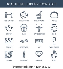 16 luxury icons. Trendy luxury icons white background. Included outline icons such as red carpet, ring in box, champagne, purse, Crown, bag, candlestick. luxury icon for web and mobile.