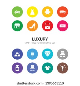 16 luxury vector icons set included famous, fashion, fedora hat, fragrance, ganster, gem, gemstone, gold bar, gold ingot, handbag, high heels icons