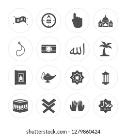 16 Zauberteppich, Qibla, Reading Quran, Kaaba Mekka, Islamische Laterne, Halal, muslimische Tasbih, Moderne Symbole Heiliger Allah Word auf runden Formen, Vektorgrafik, eps10, trendige Ikone Set.