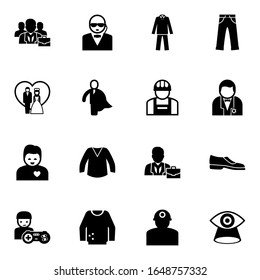 16 male filled icons set isolated on white background. Icons set with business people, security, suit, just married couple, business hero, builder, girlfriend, blouse, jeans icons.
