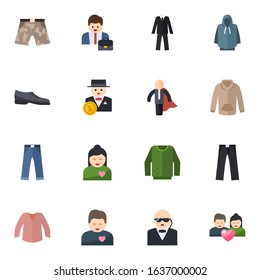 16 male flat icons set isolated on white background. Icons set with shorts, Entrepreneur, suit, Man shoes, rich man, business hero, jeans, boyfriend, hoodie, sweatshirt icons.