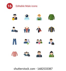 16 male flat icons set isolated on . Icons set with rich man, Vision, worker, professional, leader, business hero, jeans, Followers, couple, blouse, business people, girlfriend icons.