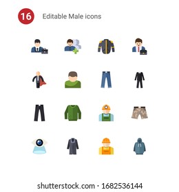 16 male flat icons set isolated on . Icons set with professional, Followers, jacket, business hero, User, jeans, trousers, jumper, worker, Vision, coat, builder, Entrepreneur icons.