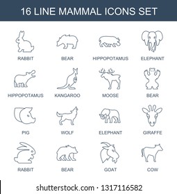 16 mammal icons. Trendy mammal icons white background. Included line icons such as rabbit, bear, hippopotamus, elephant, kangaroo, moose, pig. mammal icon for web and mobile.