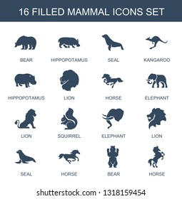 16 mammal icons. Trendy mammal icons white background. Included filled icons such as bear, hippopotamus, seal, kangaroo, lion, horse, elephant. mammal icon for web and mobile.