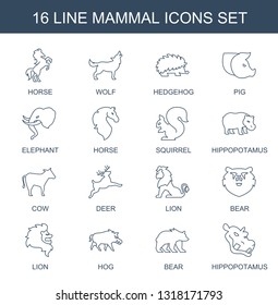 16 mammal icons. Trendy mammal icons white background. Included line icons such as horse, wolf, hedgehog, pig, elephant, squirrel, hippopotamus. mammal icon for web and mobile.