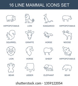 16 mammal icons. Trendy mammal icons white background. Included line icons such as hippopotamus, lion, kangaroo, squirrel, giraffe, horse, moose. mammal icon for web and mobile.