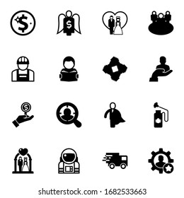 16 iconos rellenos de hombre, aislados en fondo blanco. Iconos con Net Income, Angel Investor, pareja de recién casados, constructor, lectura, equipo de start-up, Inversor, íconos de Target Audience.