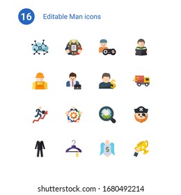 16 Mann flache Symbole einzeln auf . Symbole mit Asynchronem Lernen, Teamwork, Gamer, Builder, Unternehmer, Account, Karrierewachstum, Zielpublikum, Anzug, Kleidungssymbole.