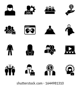 16 iconos rellenos por el administrador establecidos aislados en fondo blanco. Iconos con Usuario, equipo de desarrolladores, gente de negocios, Arquitectura de la Información, director, traje, iconos de mujeres de negocios.