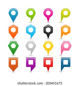 16 map pins location icon with reflection, shadow and white empty copy space. Blue, green, pink, orange, gray, black, yellow, brown, violet colors shapes. Vector illustration web design element 8 eps