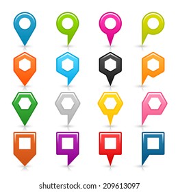 16 map pins sign blank location icon with gray shadow, reflection on white background. Set 01 Blue, green, pink, orange, black, yellow, brown, violet colors shapes. Vector illustration save in 8 eps