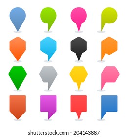 16 map pins sign location icon with oval shadow in flat style. Set 01. Blue green pink orange gray black yellow brown violet colored shapes on white background. Vector illustration element in 8 eps