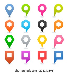 16 map pins sign location icon with oval shadow in flat style. Set 02. Blue green pink orange gray black yellow brown violet colored shapes on white background. Vector illustration element in 8 eps