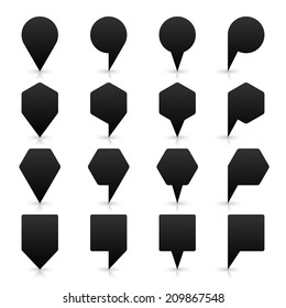 16 map pins sign location icon with gray shadow and reflection in flat style. Set 01 simple black shapes on white background. This vector illustration web design element save in 8 eps
