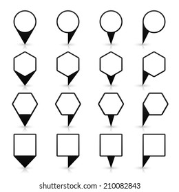 16 map pins sign location icon with gray shadow and reflection in flat style. Set 03 simple black shapes on white background. This vector illustration web design element save in 8 eps