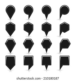 16 map pins sign location icon with gray reflection and shadow in satin style. Set 05 simple black matted shapes on white background. Vector illustration web design element save in 8 eps