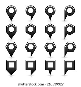 16 map pins sign location icon with gray reflection and shadow in flat satined style. Set 02 simple black smooth shapes on white background. This vector illustration web design element save in 8 eps