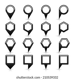 16 map pins sign location icon with gray reflection and shadow in flat satined style. Set 04 simple black smooth shapes on white background. This vector illustration web design element save in 8 eps