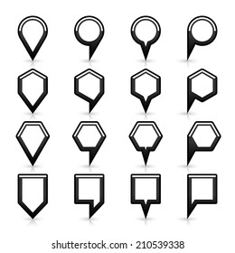 16 map pins sign location icon with gray reflection and shadow in flat satined style. Set 06 simple black smooth shapes on white background. This vector illustration web design element save in 8 eps