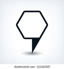 16 map pins sign location icon with oval gray shadow in simple flat style. Black rounded hexagon shapes on white background. This vector illustration web design element save in 8 eps