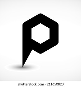 16 map pins sign location icon with ellipse gray gradient shadow in flat simple style. Black rounded hexagon shapes on white background. Vector illustration web design element save in 8 eps