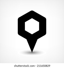 16 map pins sign location icon with ellipse gray gradient shadow in flat simple style. Black rounded hexagon shapes on white background. Vector illustration web design element save in 8 eps