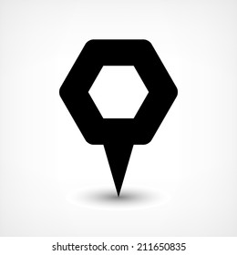 16 map pins sign location icon with ellipse gray gradient shadow in flat simple style. Black rounded hexagon shapes on white background. This vector illustration web design element save in 8 eps