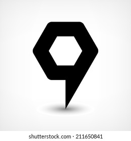 16 map pins sign location icon with ellipse gray gradient shadow in flat simple style. Black rounded hexagon shapes on white background. This vector illustration web design element save in 8 eps