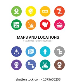 16 maps and locations vector icons set included sailboat, satellite, segment path, shopping pin,  , straight, street map, street view, terrain, thematic map, toll road icons