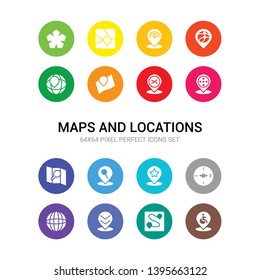 16 maps and locations vector icons set included disabled, distance, down chevron, earth grid, east, favorite place, find location, find on map, football field pin, forbidden, geo cordinates icons