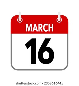 16 de marzo, icono de fecha de calendario sobre fondo blanco.