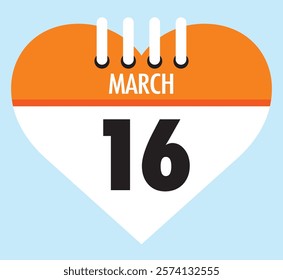 16 March calendar icon orange heart shape on light sky blue color background, calendar vector symbol for the month of March.