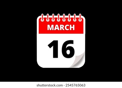 16 März Kalender Symbol Textseite monatliches Web-Design auf rotem, weißem und schwarzem Hintergrund Vektor, Symbol oder Illustration mit dem Monat März 16